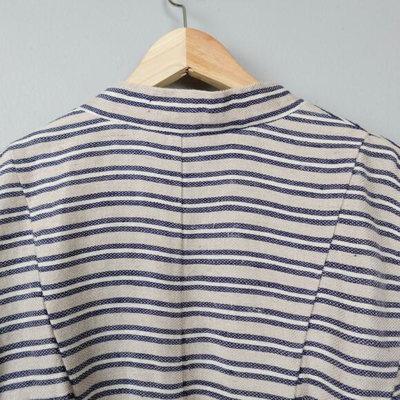 LOFT Linen Blend Striped Blazer Jacket Sz 12 Beige Navy Pleated Peplum Collarles - Picture 10 of 12